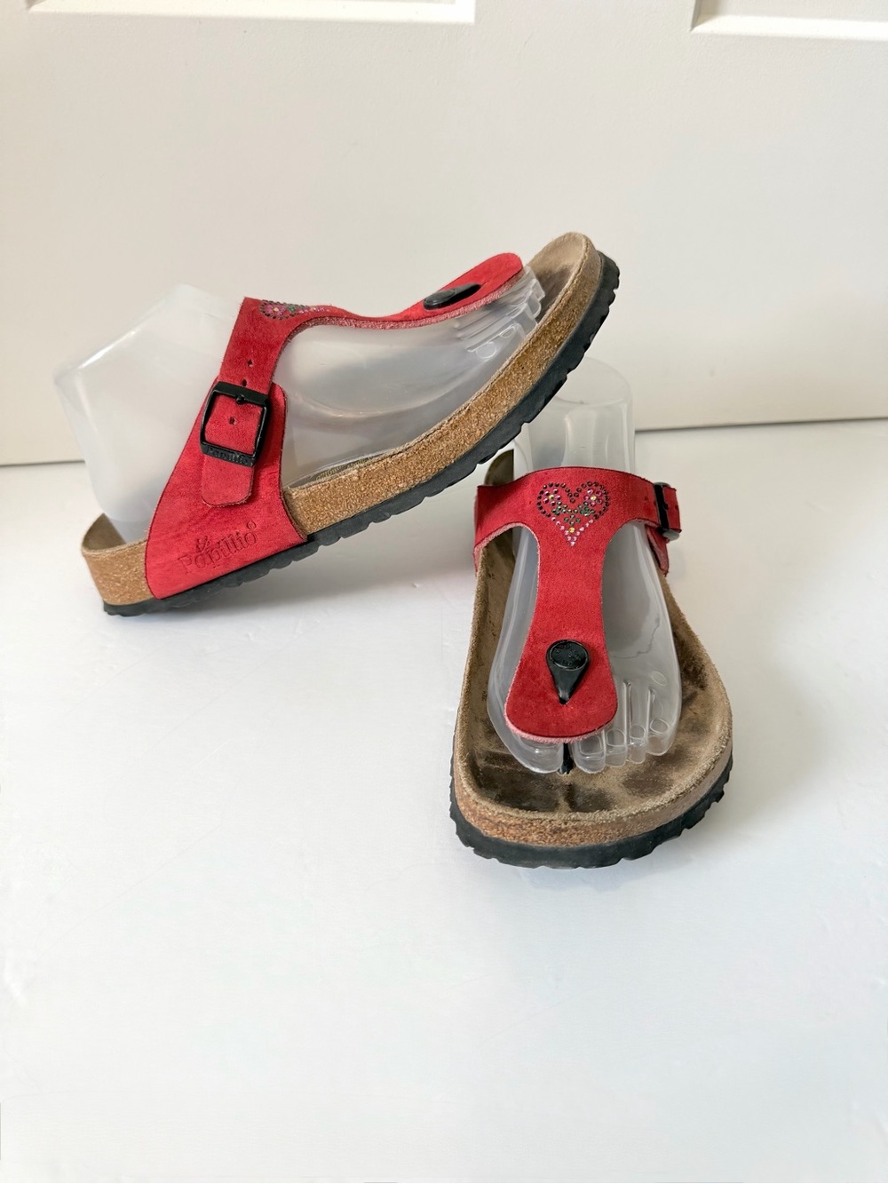 Birkenstock Papillio Red Leather Gizeh Sandals Size 9 EU 40 Rhinestone Heart